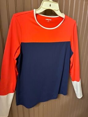 Lands' End Colorblocked Long-Sleeve Tee in Coral, Navy & White